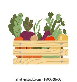 box with vegetables. Mesh eco bag full of vegetables isolated on white background. Modern shopper with fresh organic food from local market. Vector illustration in flat cartoon style.