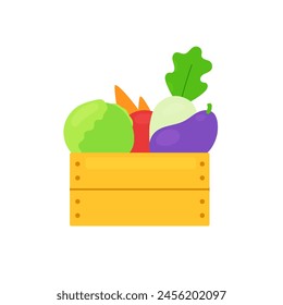 box with vegetables. Mesh eco bag full of vegetables isolated on white background. Modern shopper with fresh organic food from local market. Vector illustration in flat cartoon style.
