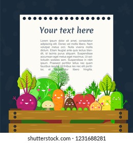 Box with vegetables and sheet of paper. Beet, cabbage, onion, mushroom, potato, tomato, green peas, tirnip, cucumber, parsley. Place for your information. Harvest poster. Vegan food.