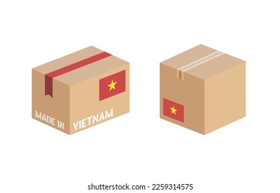 caja con el conjunto de iconos de la bandera de Vietnam, paquete de entrega de cartón hecho en Vietnam