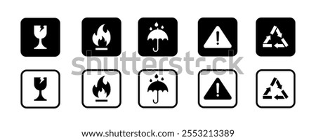 Box warning sign set icons. Delivery sign icons. Linear and silhouette style. Vector icons.