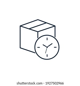 Box, watch. Concept of delayed delivery, time for receiving parcels. Vector icon isolated on white background. 