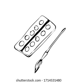 A box with watercolor paints and a brush. Style doodle, sketch. Vector illustration