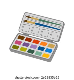 Box with watercolor paints and brushes. Colored palette for drawing. Painting tools. Hand drawn vector illustration isolated on white background, modern flat cartoon style.