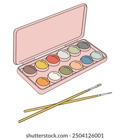 box of watercolor paints and brushes for watercolors