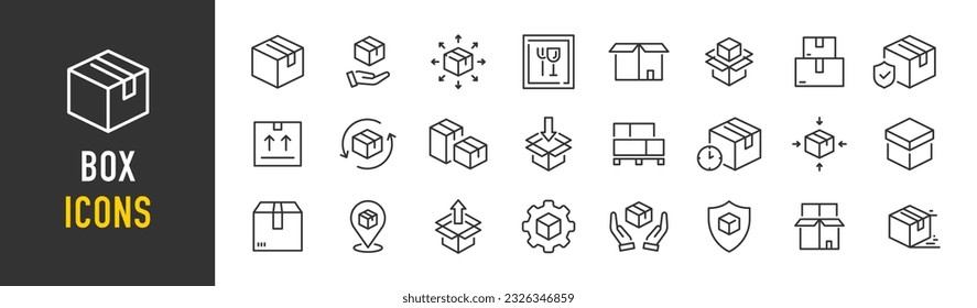 Box web icons in line style. Delivery box, package, cargo box, export, distribution, collection. Vector illustration.