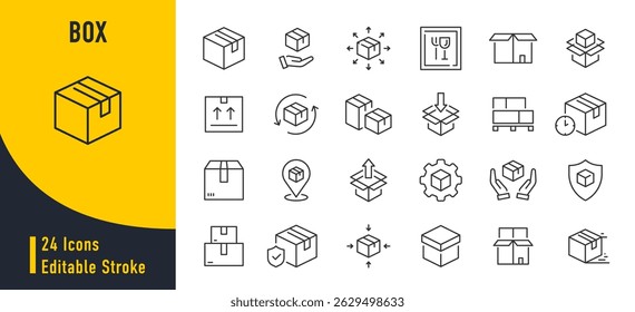 Iconos web de caja en estilo de línea. Caja de entrega, paquete, caja de carga, exportación, distribución, colección. Ilustración vectorial.