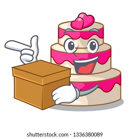With box wedding cake above wooden cartoon table