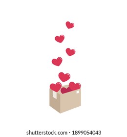 A box from which red hearts fly out. Valentine's Day gift. A parcel with hearts.