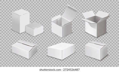 Caja blanca. Maqueta 3D. Paquete cuadrado. Envío de caja de regalo. Cartón de cartón. Entrega de papel en blanco de envío. Transporte realista aislado abierto y cerrado embalaje contenedor limpio. Plantilla de Vector