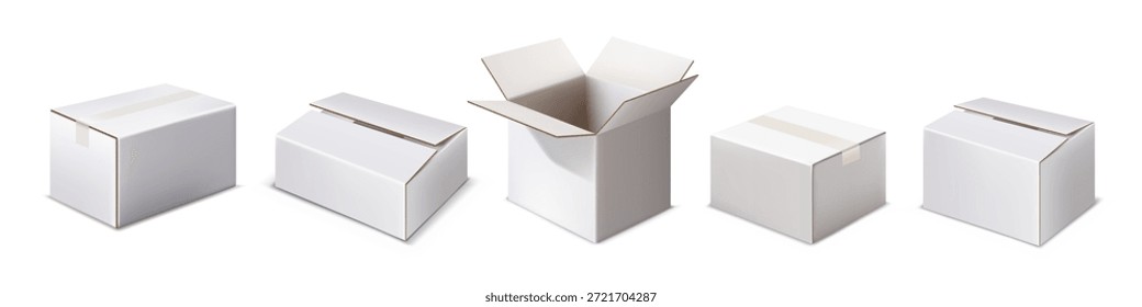 Caixa de papelão branco. Abra a caixa da maquete. Exibição de entrega 3D. Recipiente de papel para embalagem e armazenamento. Pacote de transporte realista. Objetos isolados do modelo de vetor com vista lateral diferente