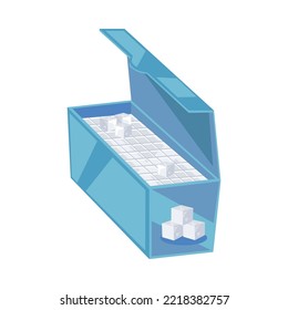 Box mit Weißzucker. Weißzuckerblöcke in Packungen mit Faltschachtel. Vektorgrafik einzeln auf weißem Hintergrund. Süßes Essen, Sucrose-Konzept.