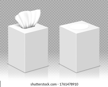 Caja con servilletas de papel blanco. Modelación vectorial realista del paquete de cartón abierto y cerrado en blanco con pañuelos faciales o pañuelos aislados en fondo transparente