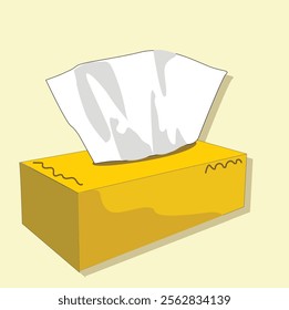 Box with white paper napkins.yellow cardboard package with facial tissues or handkerchiefs 