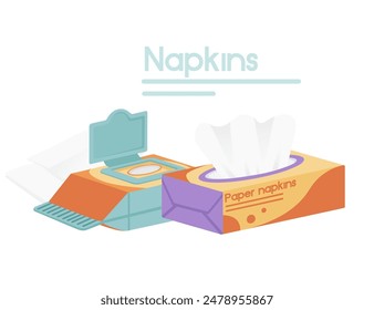 Box of white paper tissue wet and dry or disposable napkin vector illustration isolated on white background
