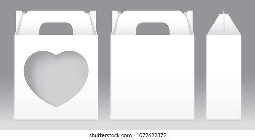 Box White window heart-shaped cut out Packaging Template blank. Empty Box white Template for design product package gift box, White Box packaging paper kraft card board package (Vector)