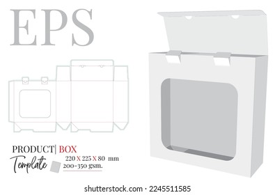 Box with window, die cut template, vector. Packaging Design, presentation. White, clear, blank, isolated open cosmetic box mock up on white background with perspective view