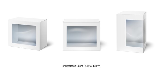 Box with window. Showcase packaging boxes, windows on cardboard package and empty white packages mockup 3d isolated vector set