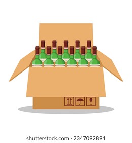 Box wine icon. Bottles of collectible wine in an open cardboard box. Vector illustration flat design. Isolated on white background.