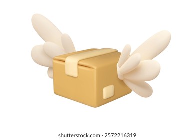 Box with wings delivery icon. Vector 3d parcel package flying, fast express shipment concept. Courier service illustration isolated on white background