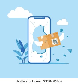 Caja con alas volando saliendo de una pantalla de un smartphone. Servicios de entrega. Mantente a salvo. Ilustración vectorial moderna en estilo plano