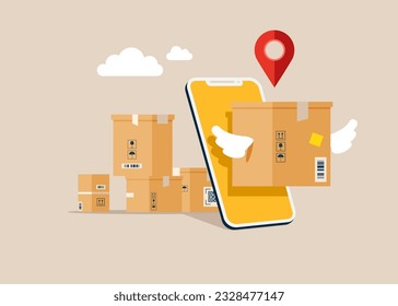 Box with wings fly  coming out of a smartphone yellow screen. Online delivery.  Delivery services. Vector illustration.