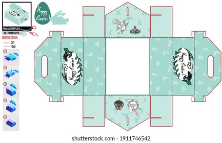 box without glue template for easter. rabbit and basket of eggs. vector doodle