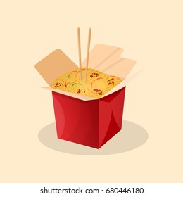 Box of wok. Chinese food - cute cartoon colored picture. Vector illustration of fast food