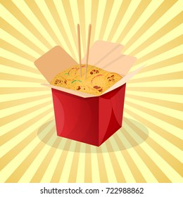 Box of wok noodles - cute cartoon colored picture. Graphic design elements for menu, packaging, advertising, poster, brochure. Vector illustration of fast food for snackbar, cafe or restaurant