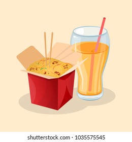 Box of wok noodles and fresh orange juice - cute cartoon colored picture. Graphic design elements for menu, poster, ad. Vector illustration of fast food for bistro, snackbar, cafe or restaurant