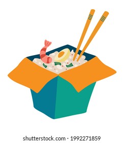 Box of wok with shrimp and rice. Delicious rice with shrimp seaweed and egg. Chinese, Japanese cuisine, fast food in box. Take away. Good for restaurants menus cafes and shops. Vector illustration