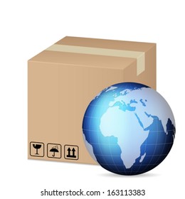 box and world globe on a white background.
