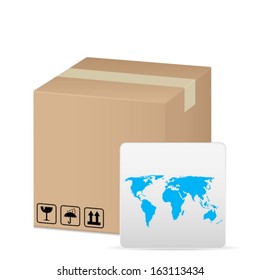 box and world map on a white background.