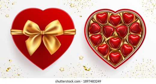 Box of wrapped chocolate sweets in heart shape. Red lid with golden bow. Top view vector illustration isolated. Realistic 3d design, romantic concept