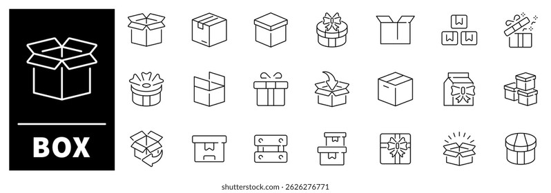 Box wrapped for gift vector outline icon set. Present and surprise packaging icons