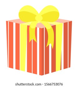 Box with wrapping paper and ribbon bow. Isolated icon of gift with yellow tape. Container wrapped in line print with red. Celebration of birthday or anniversary. Holidays greeting vector in flat