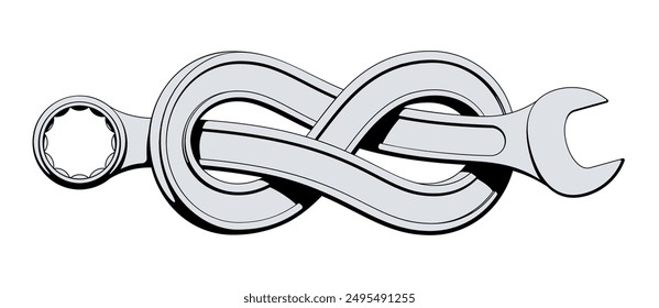 Llave de la caja doblada en ocho nudos. Herramienta de reparación de llaves retorcidas. Símbolo de taller de servicio de Asistencia. Ilustración vectorial de diseño de tatuaje aislado sobre fondo blanco.