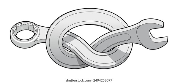 Llave para cajas doblada en un nudo. Herramienta de reparación de llaves retorcidas. Firma para el taller de servicio de Asistencia. Ilustración vectorial con contornos editables aislados sobre fondo blanco.