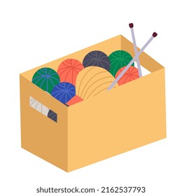 Box with yarn balls and knitting needles. Flat vector illustration