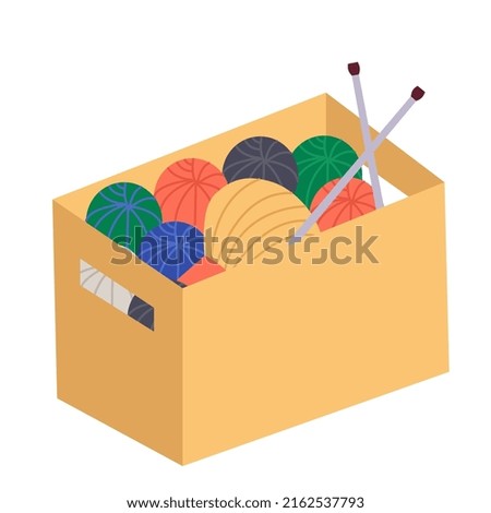 Box with yarn balls and knitting needles. Flat vector illustration