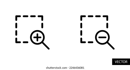 Box zoom in, Increase and Box zoom out, decrease vector icons in line style design for website, app, UI, isolated on white background. Editable stroke. EPS 10 vector illustration.
