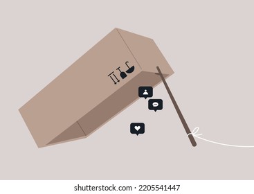 A box-and-stick trap with social media icons as a bait, a mechanism used for live trapping