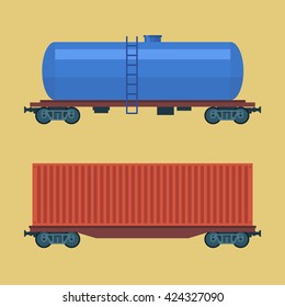 Boxcar. Freight railroad car. Container, tank railway carriage. Simple, flat style. Graphic vector illustration.