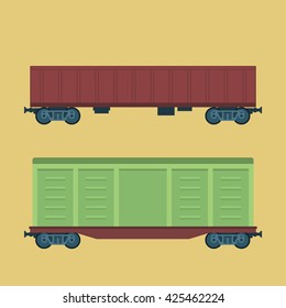Boxcar. Freight railroad car. Container, tank railway carriage. Simple, flat style. Graphic vector illustration.
