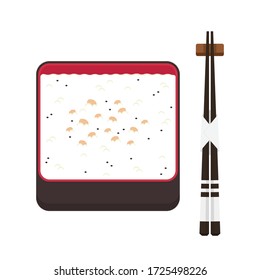 Boxed food japan. Rice in box. free space for text. Japan rice. Boxed food japan and chopstick.