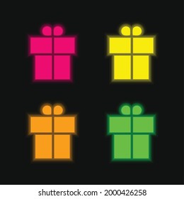 Boxed Gift With Ribbon four color glowing neon vector icon
