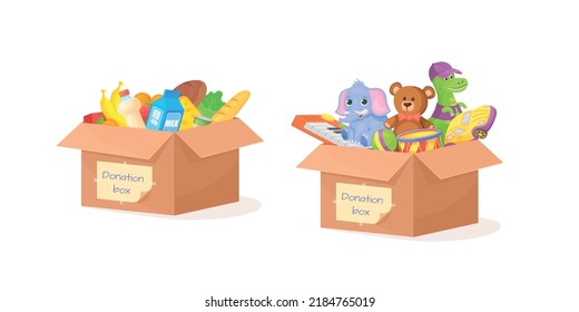 Boxed Shelter Donation. Full Cardboard Box Of Donations Toy Or Food, Relief Grocery Things Helping Homeless Hunger Children, Social Help Needy Orphan Kid, Vector Illustration Of Donate Box Cardboard