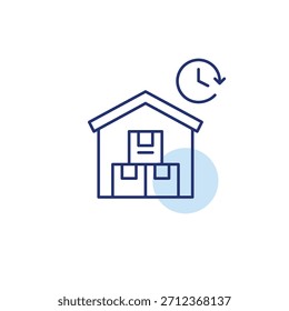 En caja en almacén y reloj. Entrega programada, envío de compras en línea y devoluciones. Icono de Vector de trazo perfecto y editable