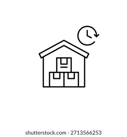 Verpackt in Lager und Uhr. Geplante Lieferung, Online-Shopping und Retouren. Pixel perfekt, bearbeitbares Strichvektorsymbol