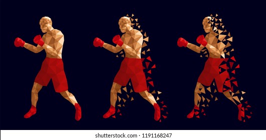 Boxer abstract design, three men wearing boxing gloves, shorts and trainers on abstract background, (Red and white kits) vector illustration, set 12/13